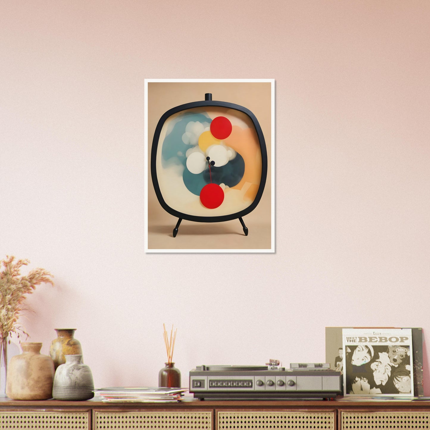 An abstract artwork of a clock with a black oval frame and tripod legs, featuring vibrant circular shapes in red, yellow, white, and teal against a soft beige background.