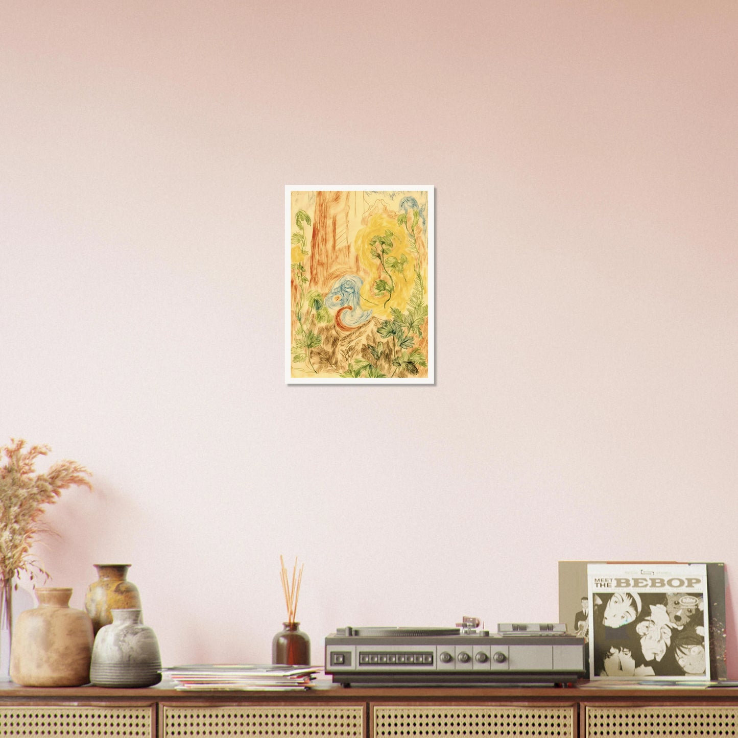 Delicate botanical sketches and flowing abstract forms intertwine in soft greens, golds, and blues across a dreamlike woodland-inspired composition.