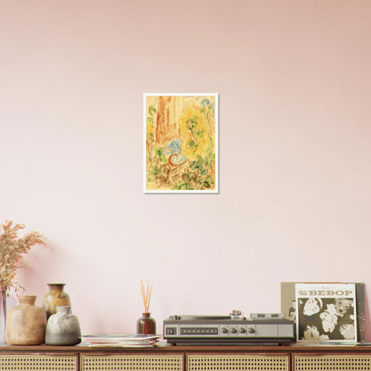 Delicate botanical sketches and flowing abstract forms intertwine in soft greens, golds, and blues across a dreamlike woodland-inspired composition.