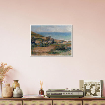 A Normandy coast with grassy fields, cottages, and a calm blue sea beneath a pale sky.