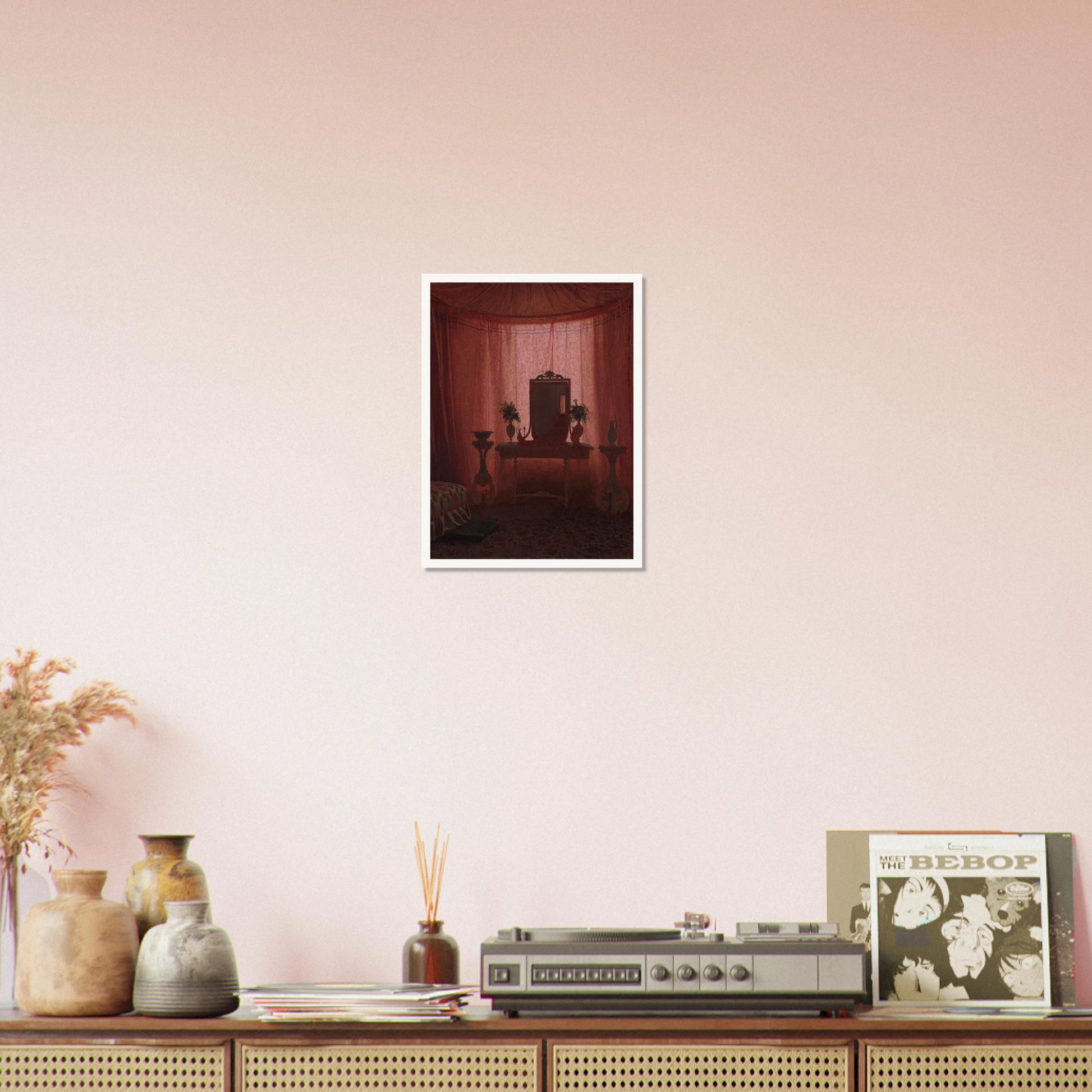 A softly lit bedroom glows through pink drapery, framing a mirror, flower vases, elegant furniture, and part of a bed.