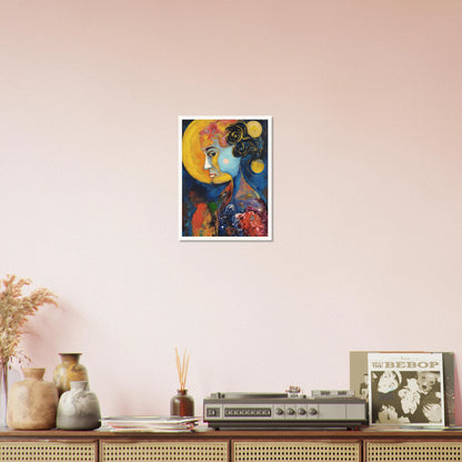 Blue celestial portrait with golden moons, dark curls, and vivid red and yellow cosmic textures.