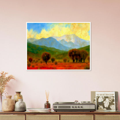 Warm autumn trees stretch across a fiery red field with misty blue mountains and a glowing yellow sky in the distance.