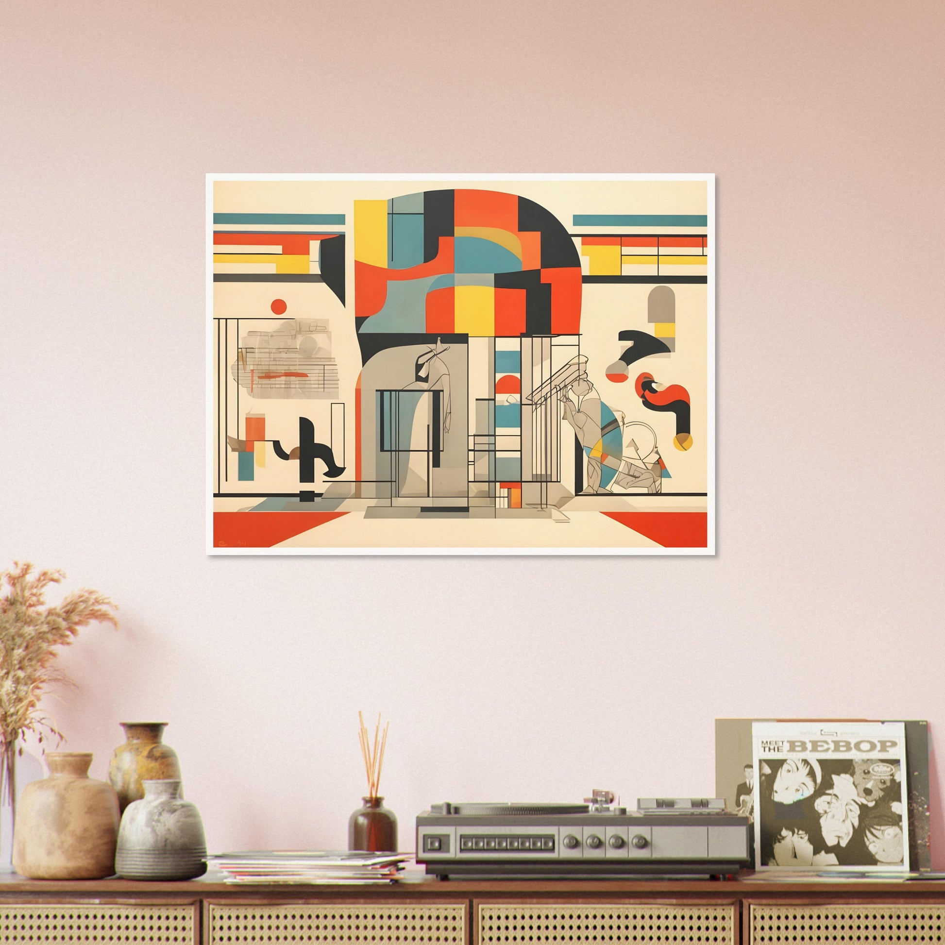 A vibrant abstract artwork with geometric shapes and architectural elements in bold colors like red, yellow, blue, and beige, creating a layered and modern composition.