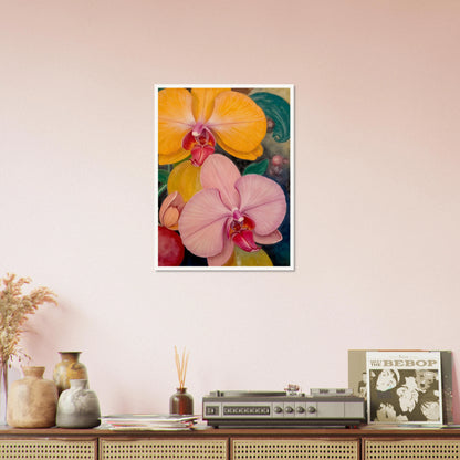 A vibrant floral painting featuring large blooming orchids in shades of golden yellow and soft blush pink, with rich magenta centers set against a dark, decorative background with lush green accents.