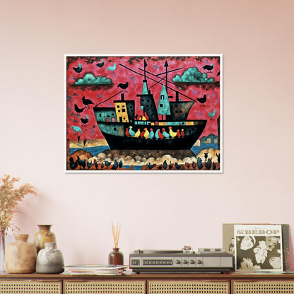 A surreal ship filled with colorful birds sails under a red sky, with more birds flying and perching around, creating a whimsical scene.