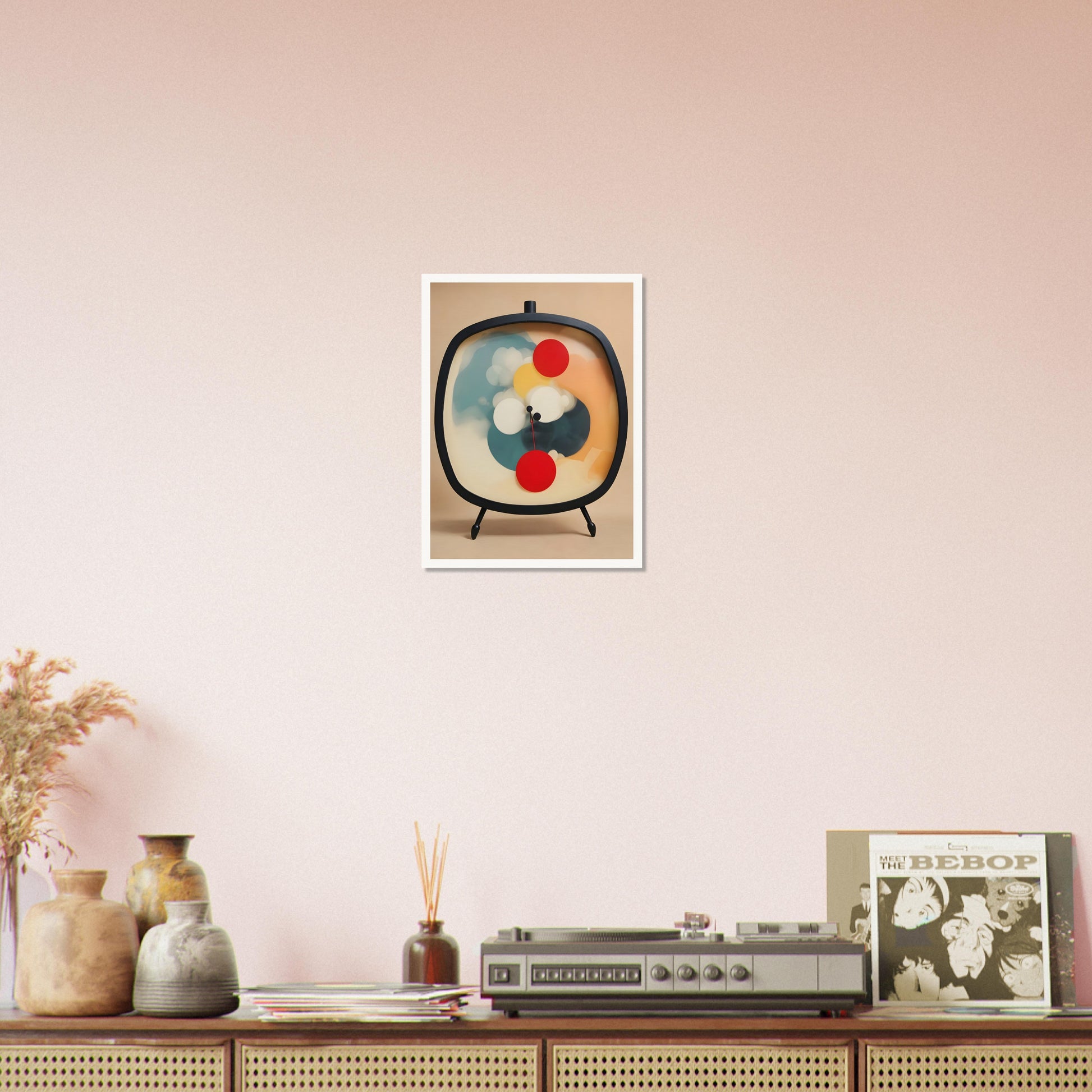 An abstract artwork of a clock with a black oval frame and tripod legs, featuring vibrant circular shapes in red, yellow, white, and teal against a soft beige background.