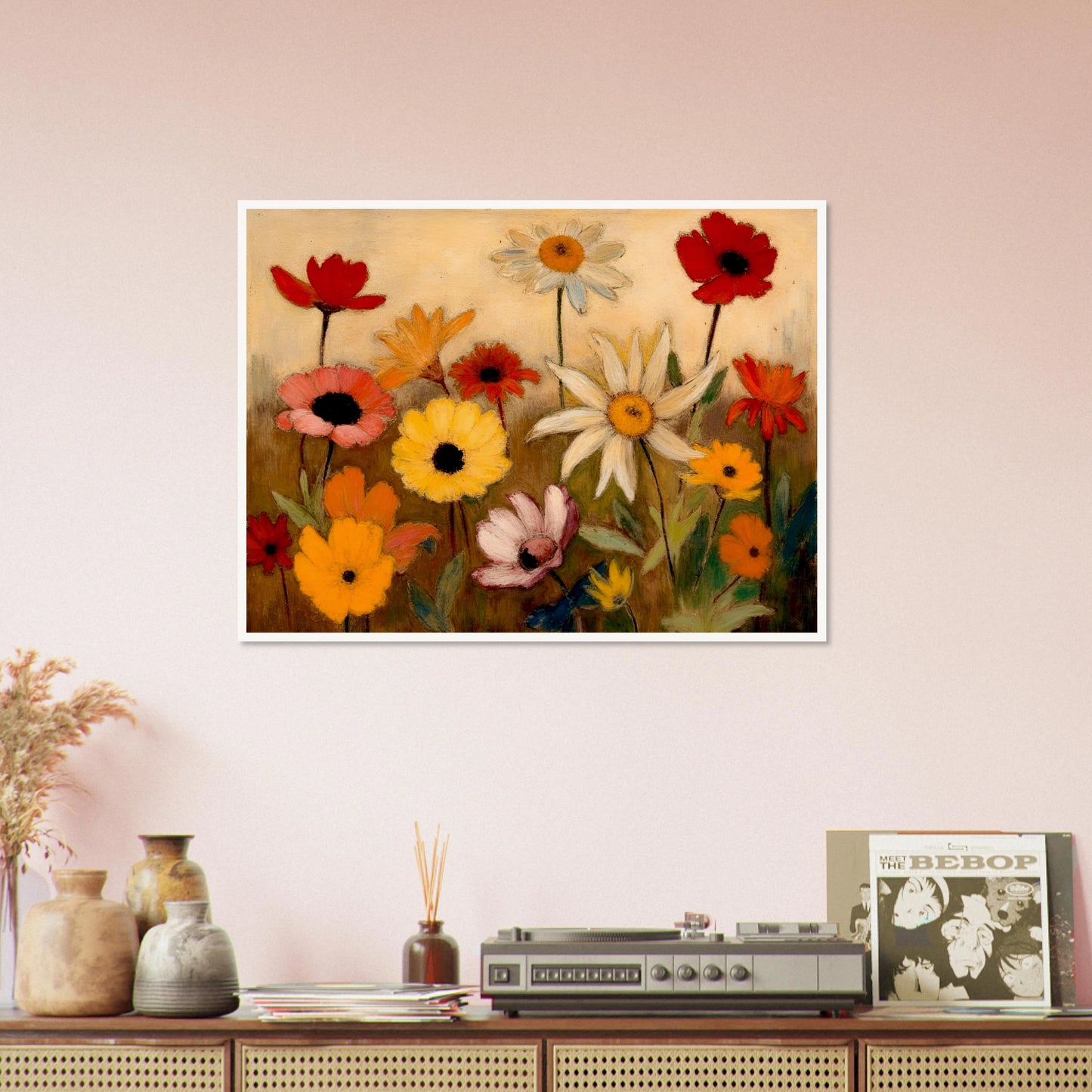 White daisies, red poppies, and golden flowers bloom across a warm meadow scene.