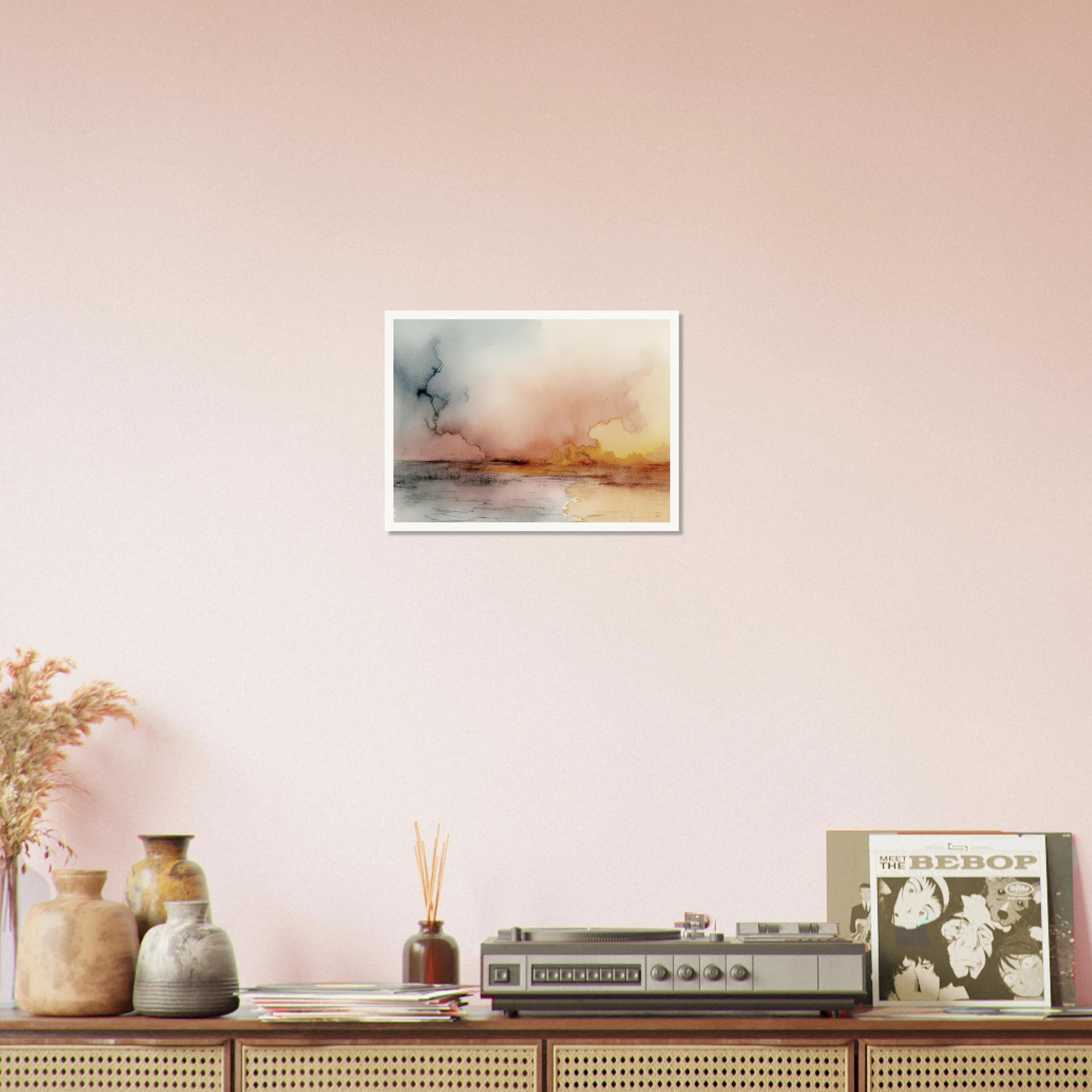 A soft watercolor landscape of fading skies, glowing yellow clouds, and tranquil reflections on a quiet lakeshore at dusk.