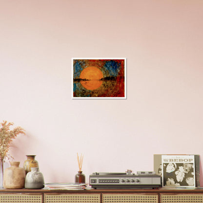 A radiant orange sun glows over reflective waters, framed by fiery reds, deep blues, and textured skies in a dreamlike scene.