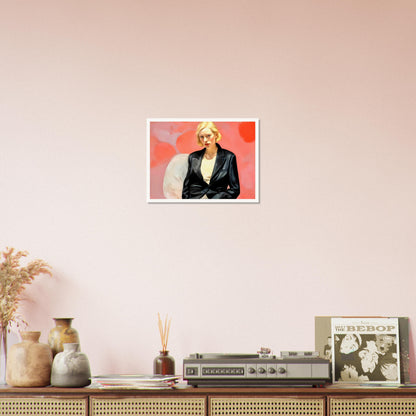 A striking portrait of a blonde woman in a black leather blazer, seated against a vibrant pink and red abstract background, exuding confidence and poise.