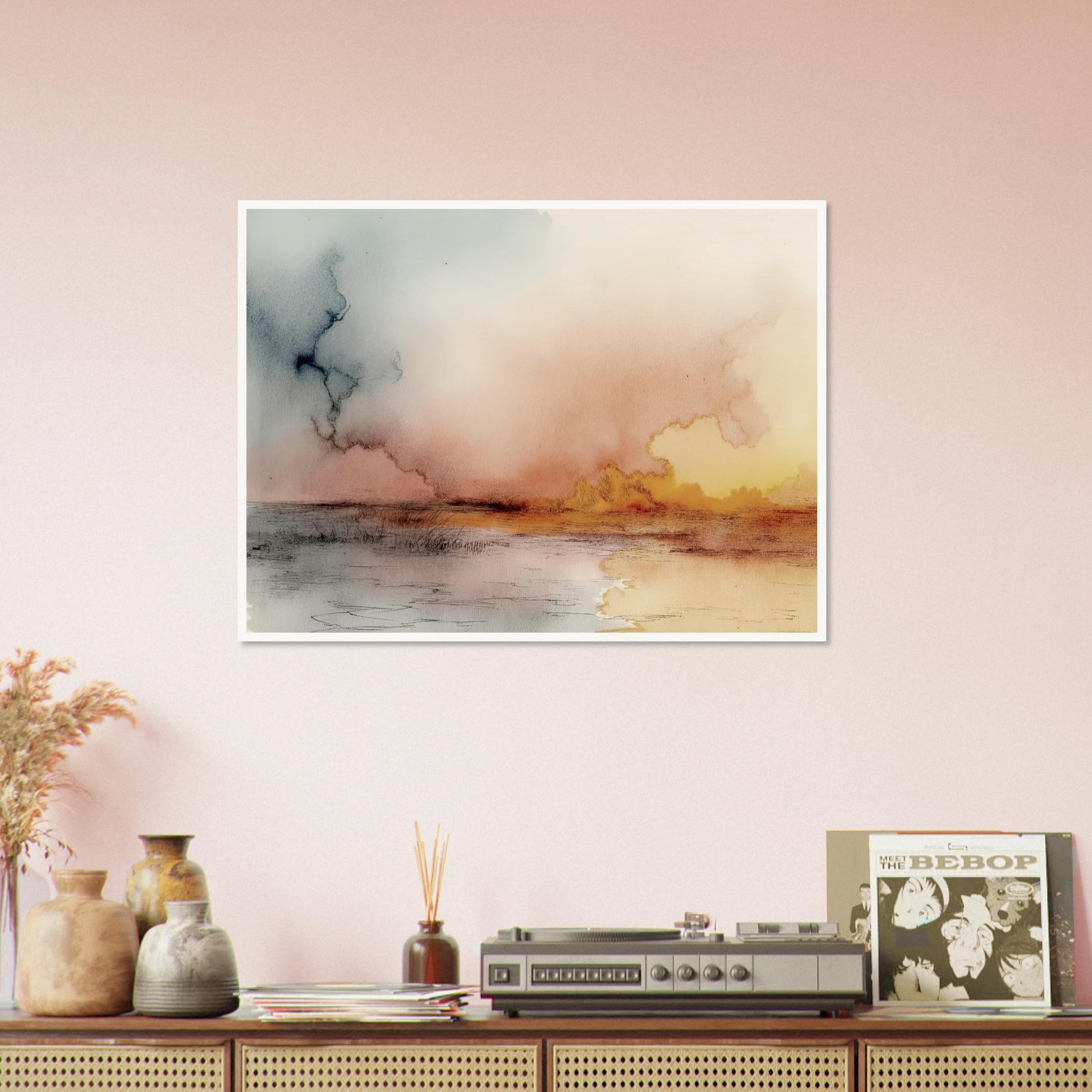 A soft watercolor landscape of fading skies, glowing yellow clouds, and tranquil reflections on a quiet lakeshore at dusk.