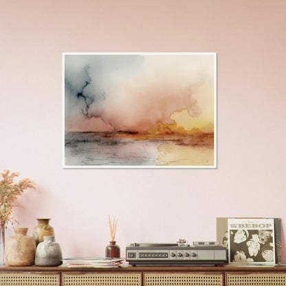 A soft watercolor landscape of fading skies, glowing yellow clouds, and tranquil reflections on a quiet lakeshore at dusk.