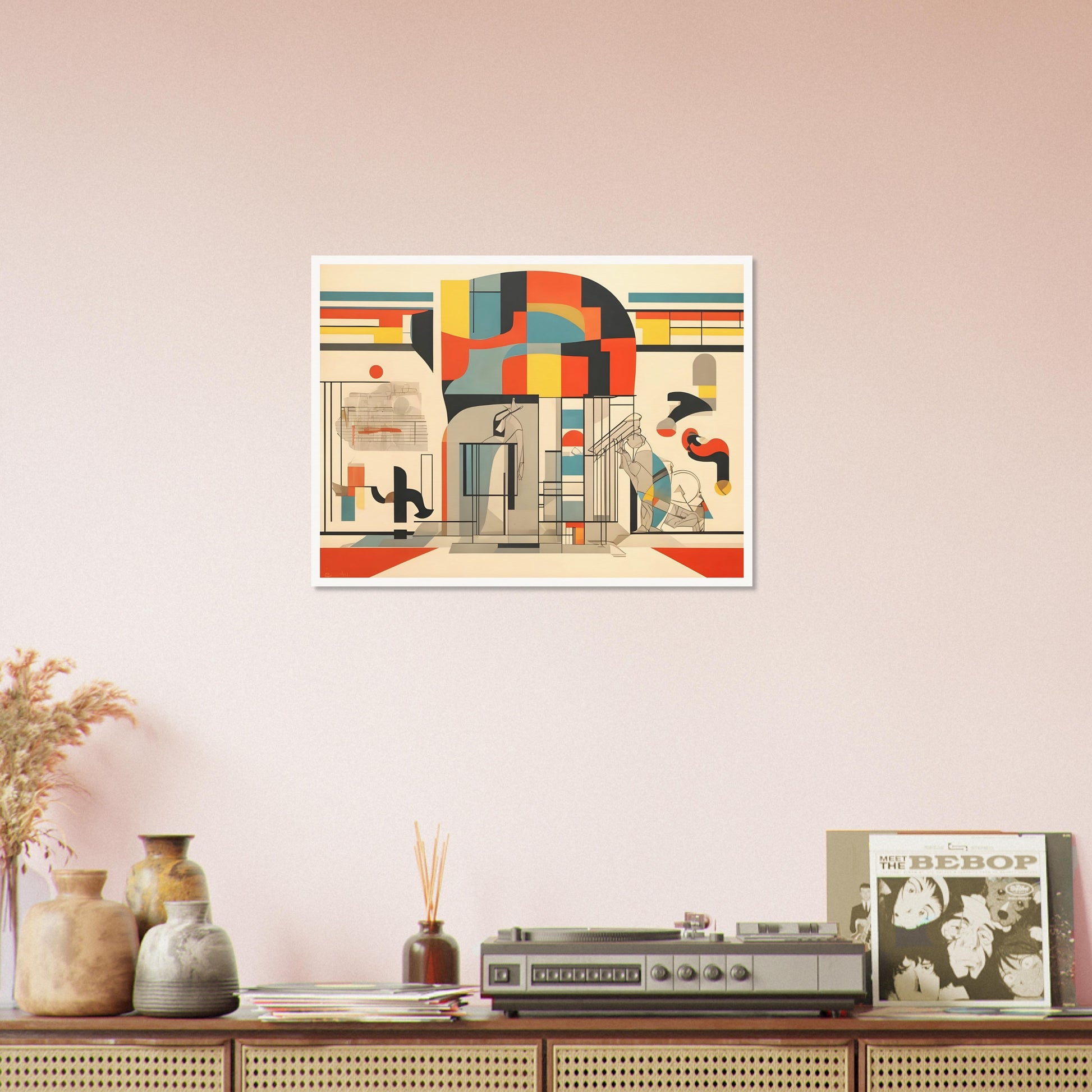 A vibrant abstract artwork with geometric shapes and architectural elements in bold colors like red, yellow, blue, and beige, creating a layered and modern composition.