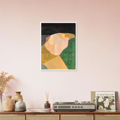 An abstract landscape of overlapping shapes in green, ochre, and pink under a dark night sky with a soft yellow moon.