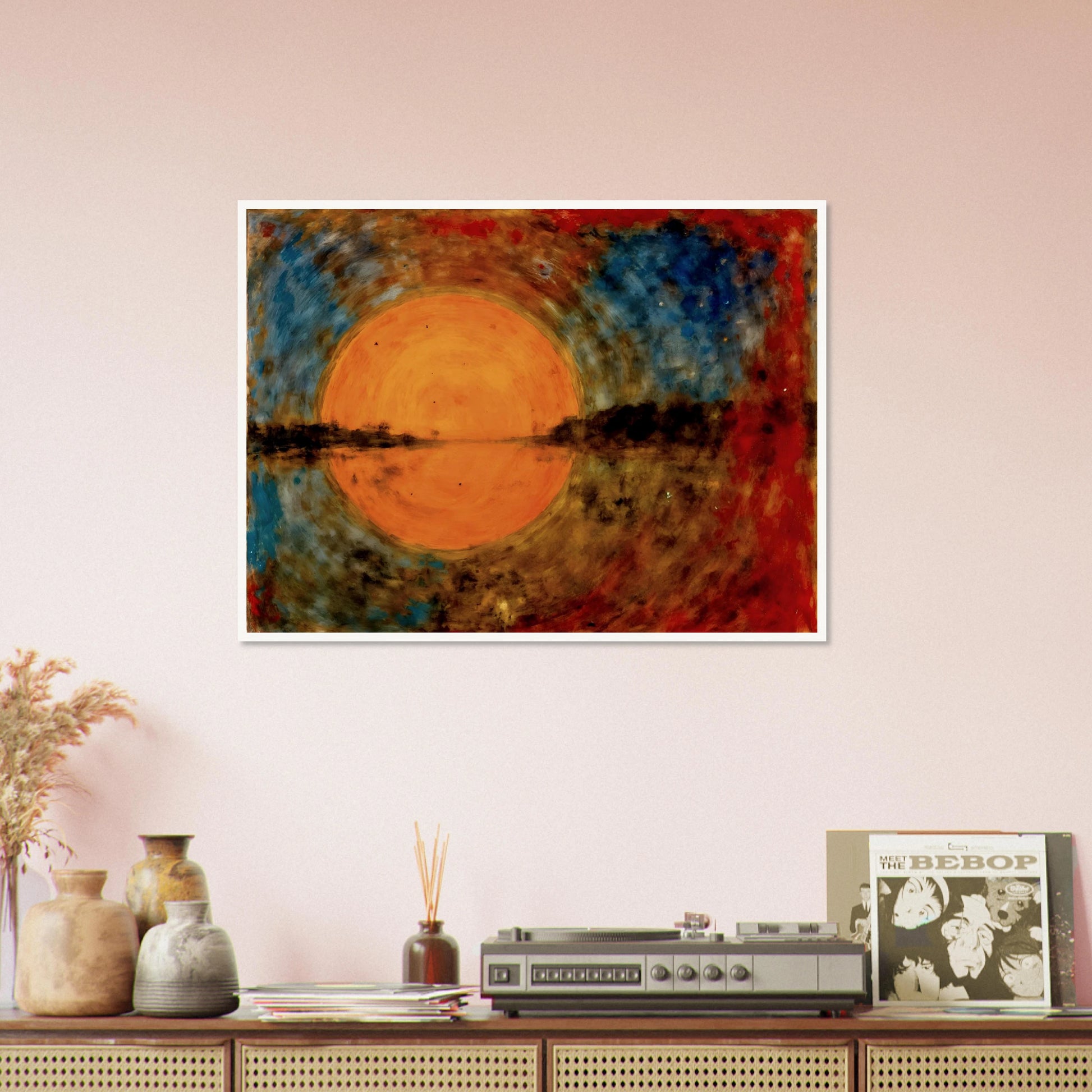 A radiant orange sun glows over reflective waters, framed by fiery reds, deep blues, and textured skies in a dreamlike scene.