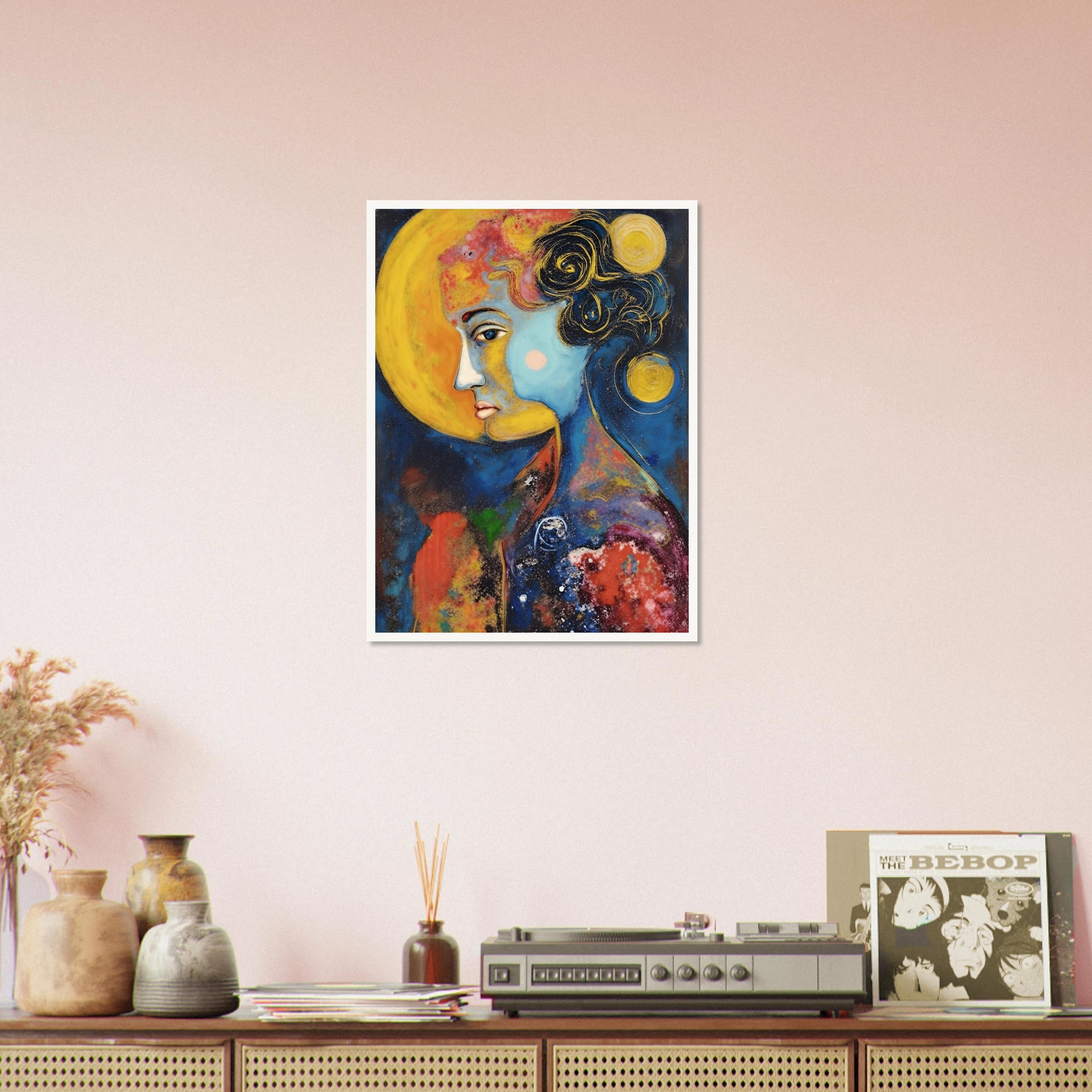 Blue celestial portrait with golden moons, dark curls, and vivid red and yellow cosmic textures.