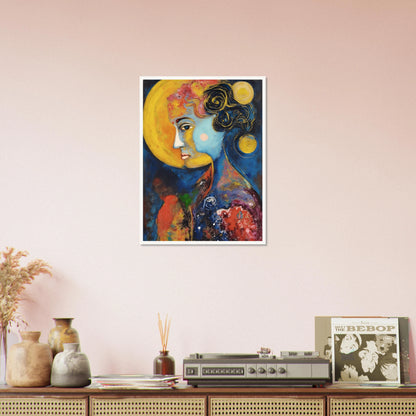 Blue celestial portrait with golden moons, dark curls, and vivid red and yellow cosmic textures.