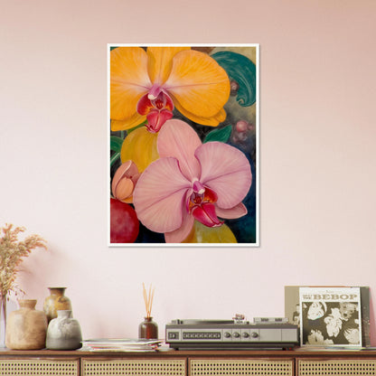 A vibrant floral painting featuring large blooming orchids in shades of golden yellow and soft blush pink, with rich magenta centers set against a dark, decorative background with lush green accents.