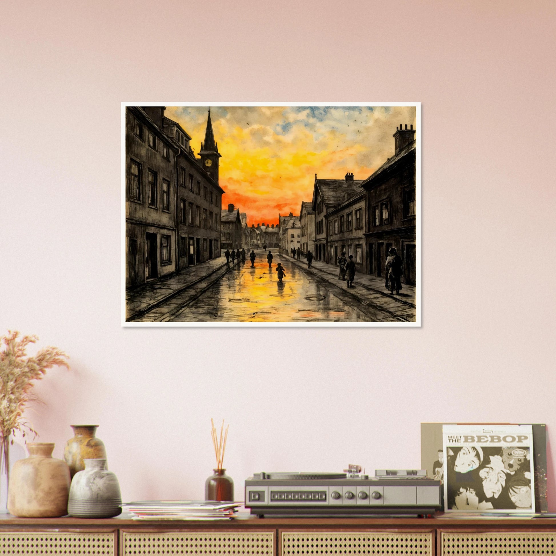 A vintage town street glows beneath a fiery sunset, with wet cobblestones reflecting amber skies and quiet figures walking home.