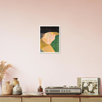 An abstract landscape of overlapping shapes in green, ochre, and pink under a dark night sky with a soft yellow moon.