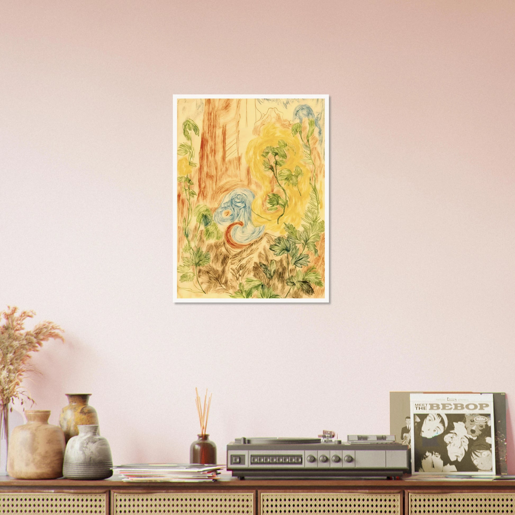 Delicate botanical sketches and flowing abstract forms intertwine in soft greens, golds, and blues across a dreamlike woodland-inspired composition.
