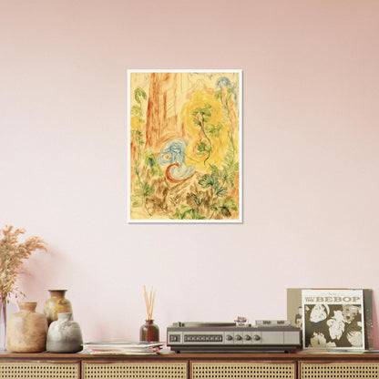 Delicate botanical sketches and flowing abstract forms intertwine in soft greens, golds, and blues across a dreamlike woodland-inspired composition.