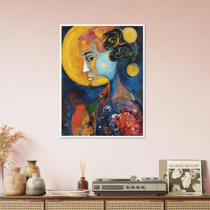 Blue celestial portrait with golden moons, dark curls, and vivid red and yellow cosmic textures.