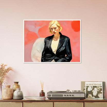 A striking portrait of a blonde woman in a black leather blazer, seated against a vibrant pink and red abstract background, exuding confidence and poise.