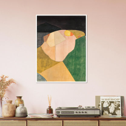 An abstract landscape of overlapping shapes in green, ochre, and pink under a dark night sky with a soft yellow moon.