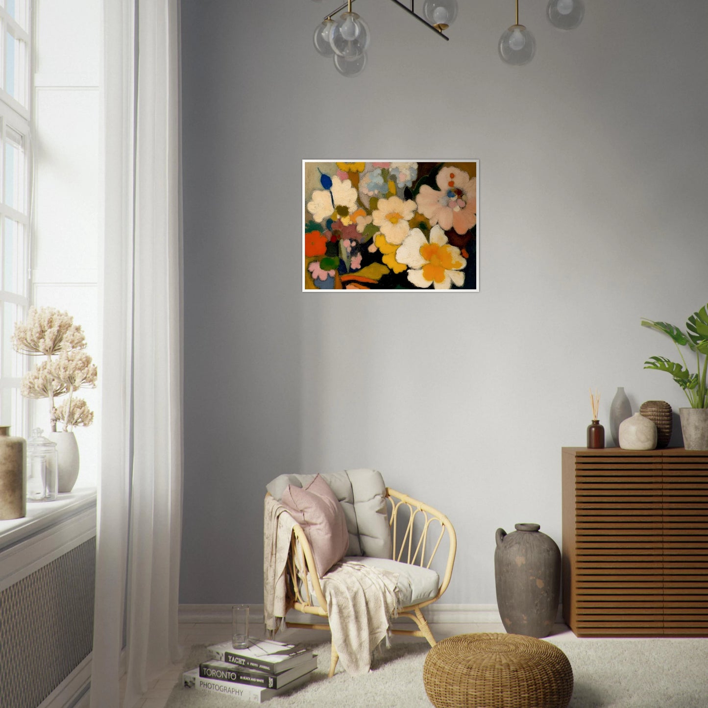 Soft floral forms in cream, yellow, pink, and blue gather in a dreamy bouquet filled with warmth and charm.