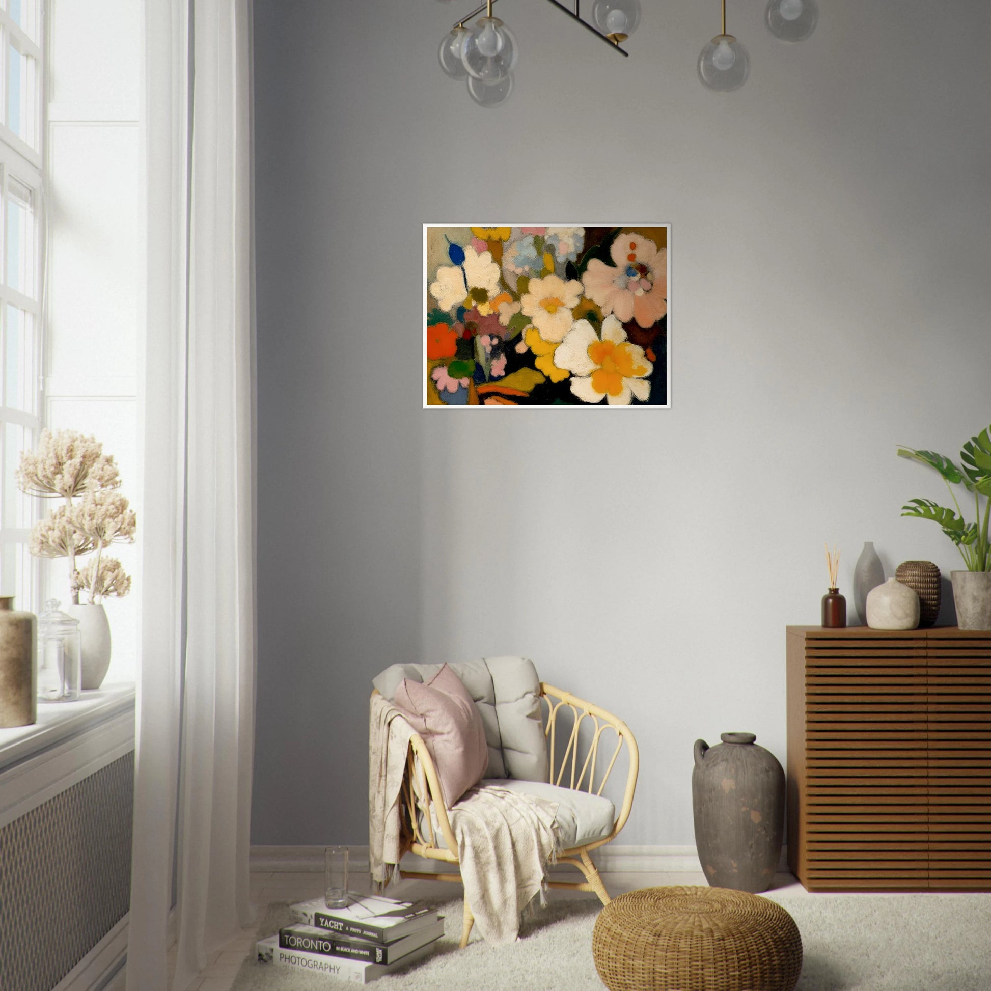 Soft floral forms in cream, yellow, pink, and blue gather in a dreamy bouquet filled with warmth and charm.