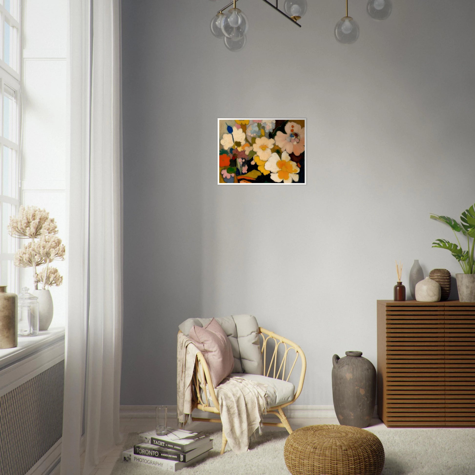 Soft floral forms in cream, yellow, pink, and blue gather in a dreamy bouquet filled with warmth and charm.