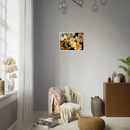 Soft floral forms in cream, yellow, pink, and blue gather in a dreamy bouquet filled with warmth and charm.