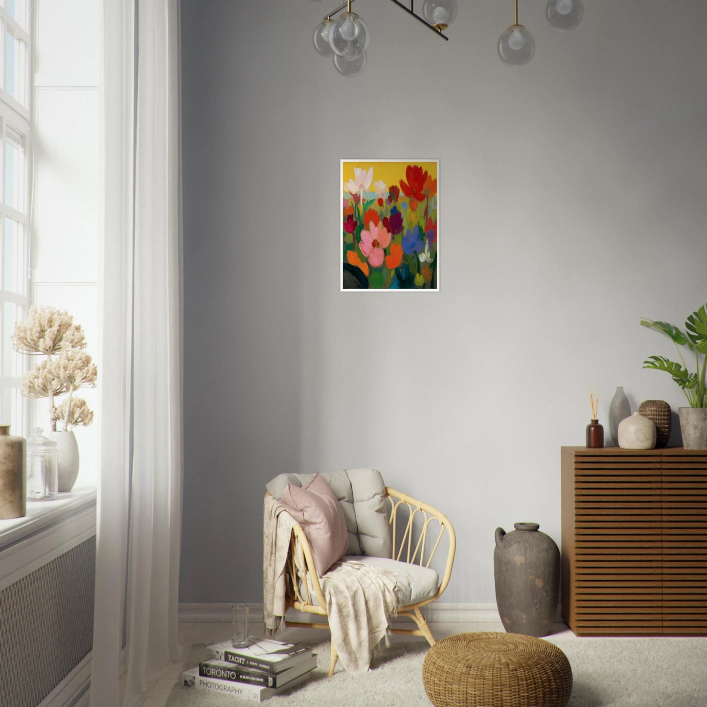 Bright flowers in red, pink, blue, and white rise from green stems against a golden yellow sky.