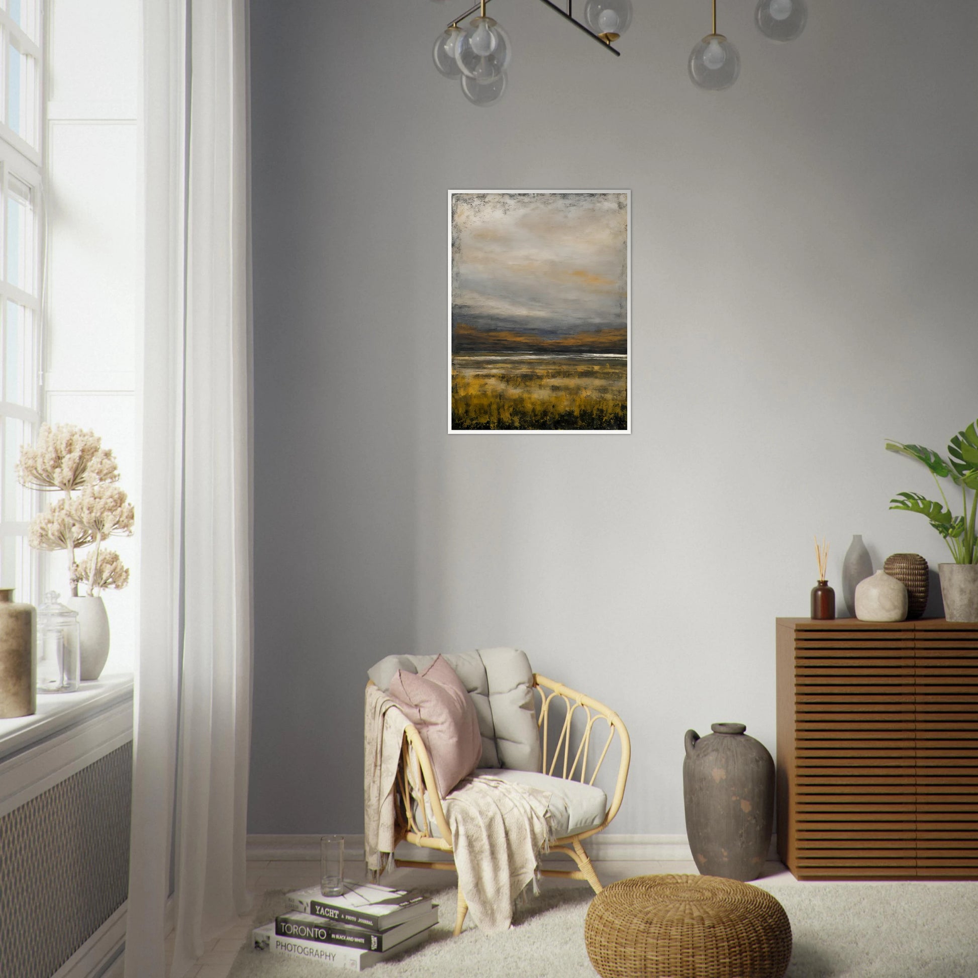 A tranquil landscape featuring golden marsh grasses beneath a vast gray sky, with distant hills and reflective water creating a calm, atmospheric scene.