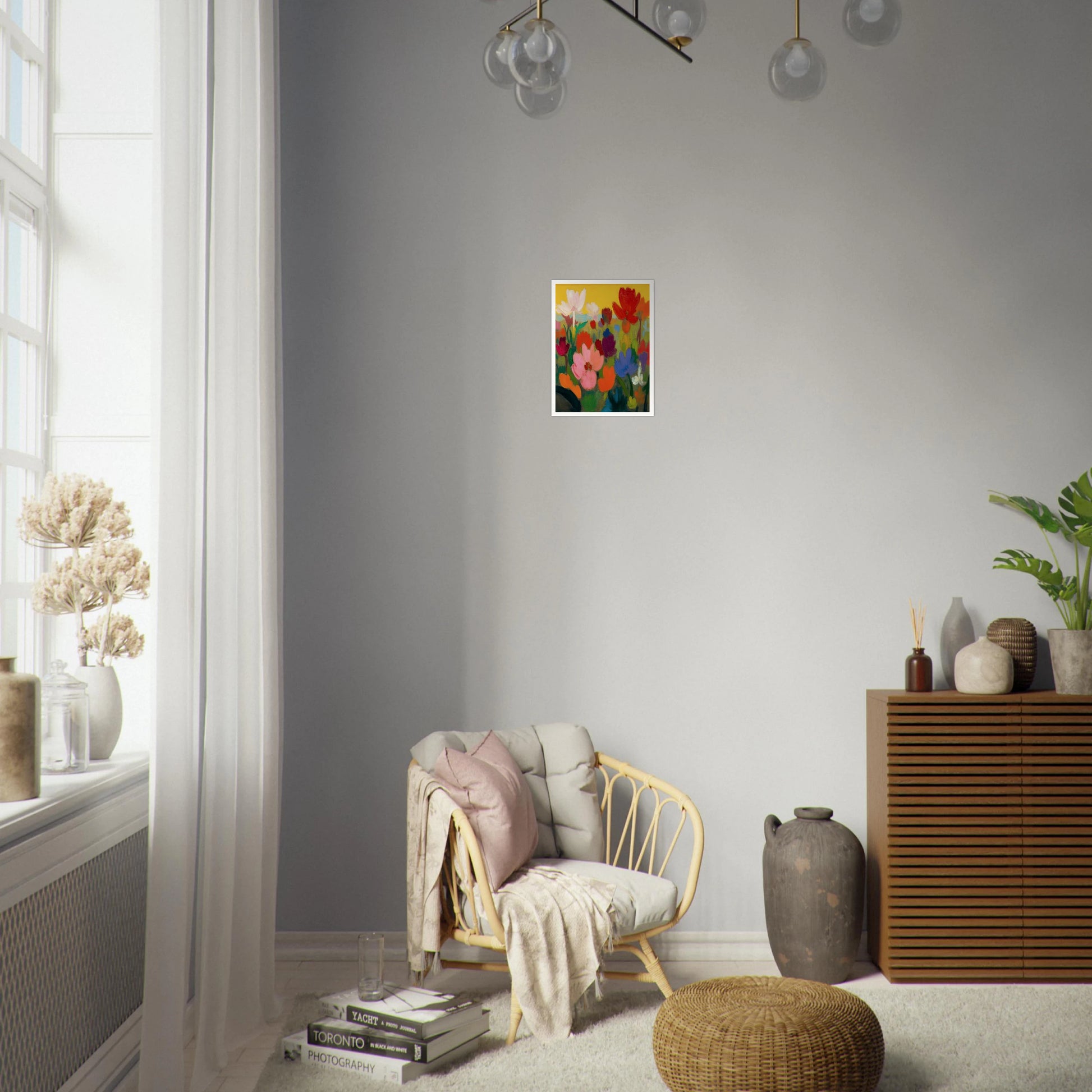 Bright flowers in red, pink, blue, and white rise from green stems against a golden yellow sky.