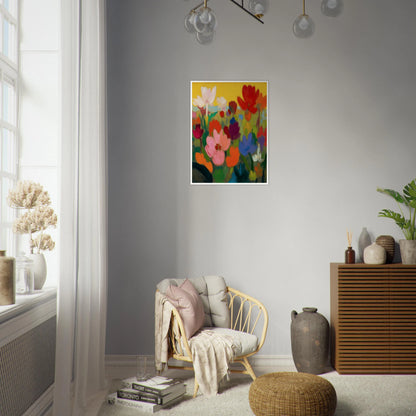Bright flowers in red, pink, blue, and white rise from green stems against a golden yellow sky.