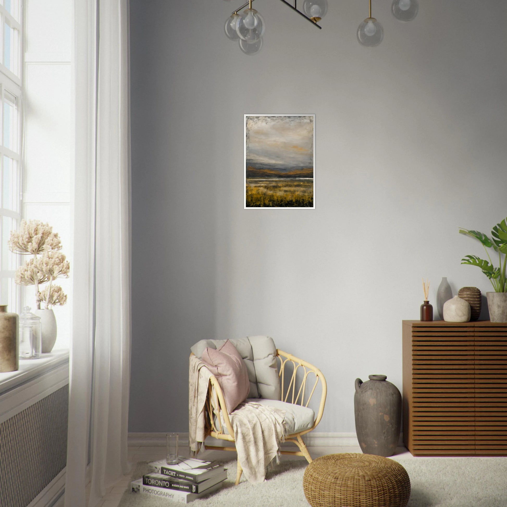 A tranquil landscape featuring golden marsh grasses beneath a vast gray sky, with distant hills and reflective water creating a calm, atmospheric scene.