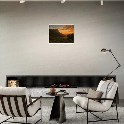 A warm landscape with a winding orange path lined by golden trees under a turquoise sky, leading toward a distant sea.