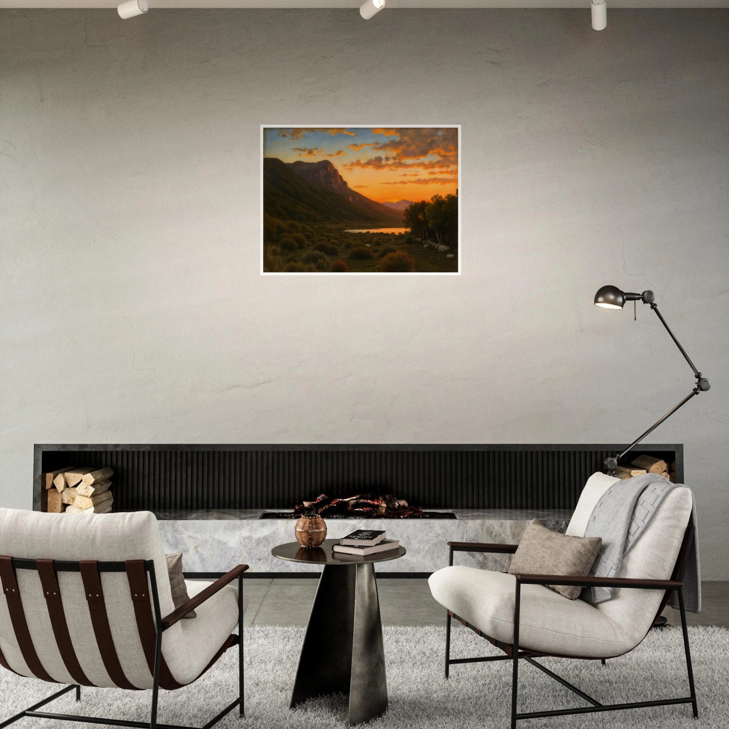 A warm landscape with a winding orange path lined by golden trees under a turquoise sky, leading toward a distant sea.