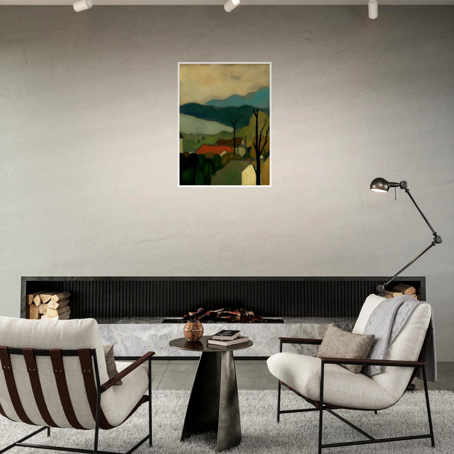 A serene landscape painting depicting a small village with red-roofed houses nestled among trees, set against layered blue-green mountains and a pale sky. Bare tree silhouettes frame the peaceful countryside scene.