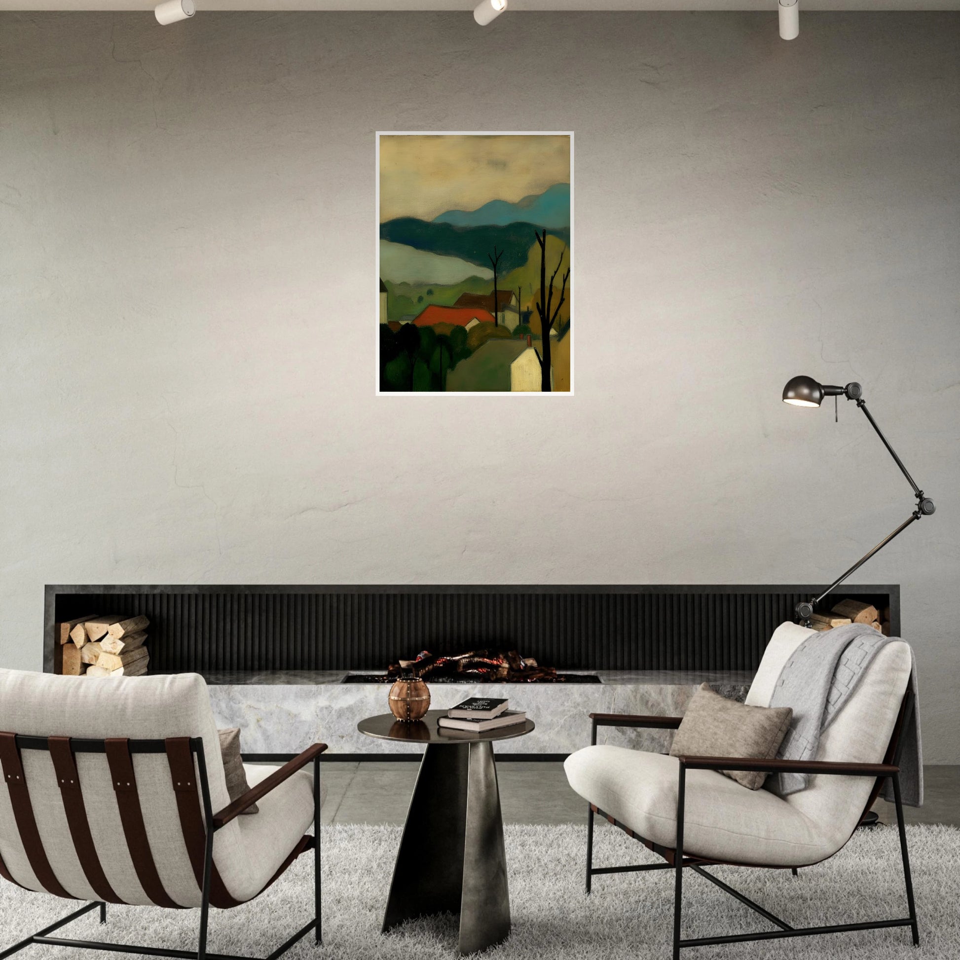 A serene landscape painting depicting a small village with red-roofed houses nestled among trees, set against layered blue-green mountains and a pale sky. Bare tree silhouettes frame the peaceful countryside scene.