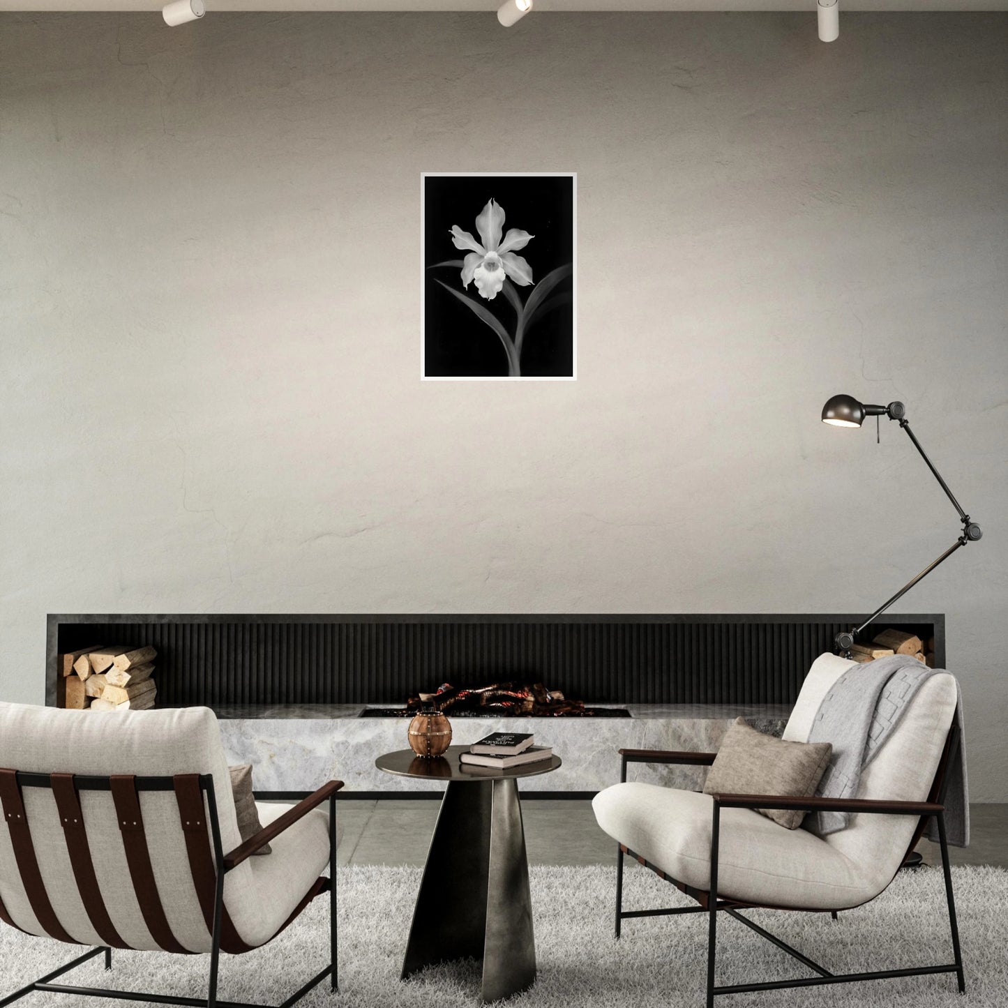 Elegant monochrome orchid blossom glowing in white against deep black background, with graceful leaves creating a dramatic botanical portrait.