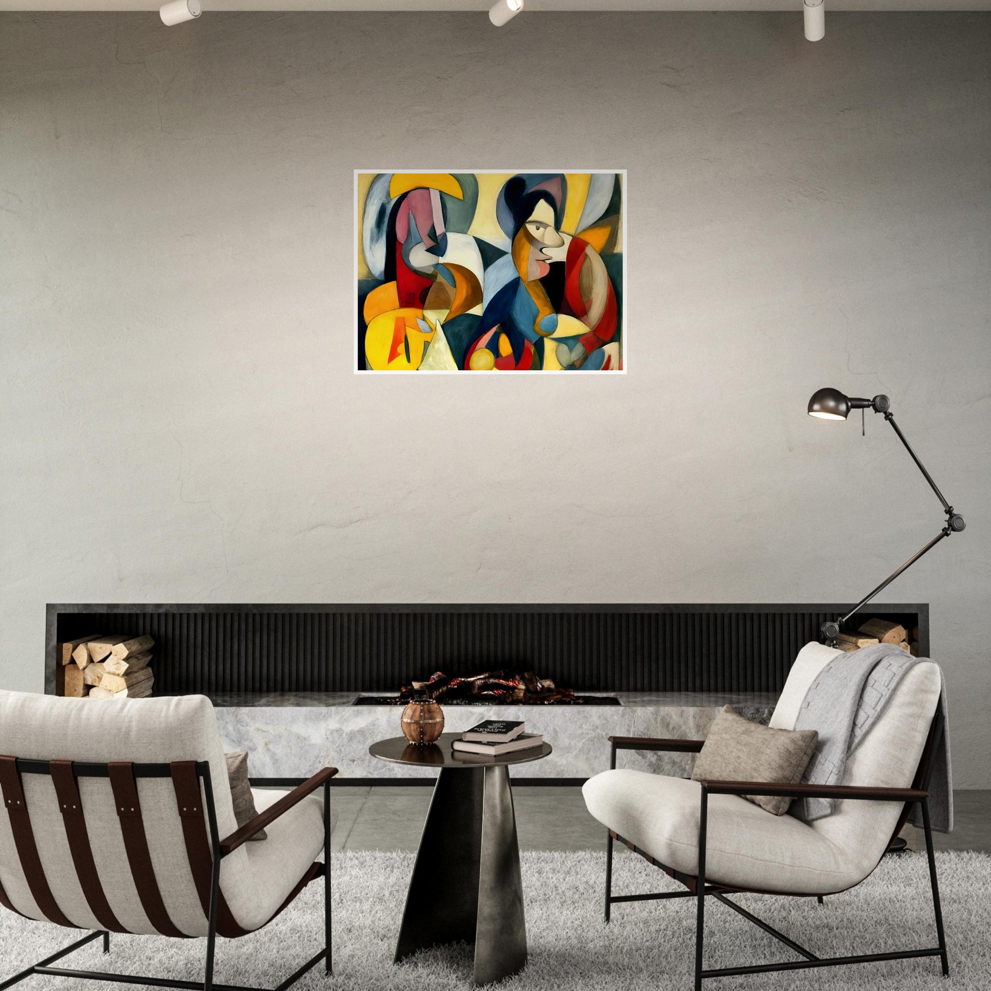 A dynamic cubist painting featuring two abstract human figures, composed of bold geometric shapes in warm and cool tones.