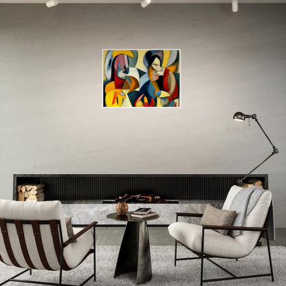 A dynamic cubist painting featuring two abstract human figures, composed of bold geometric shapes in warm and cool tones.