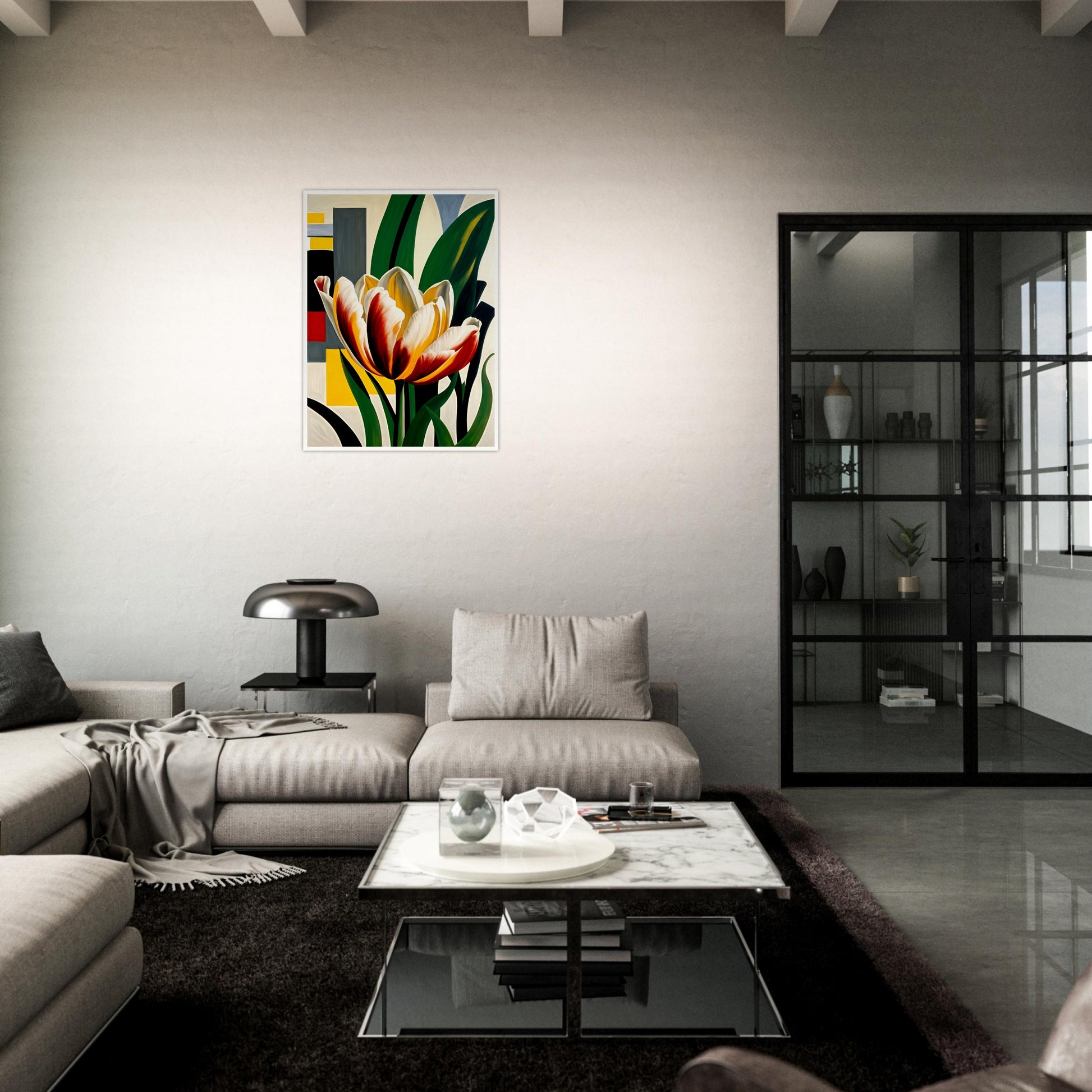 A striking tulip with red, yellow, and white petals set against a bold geometric background, blending nature with modern design.