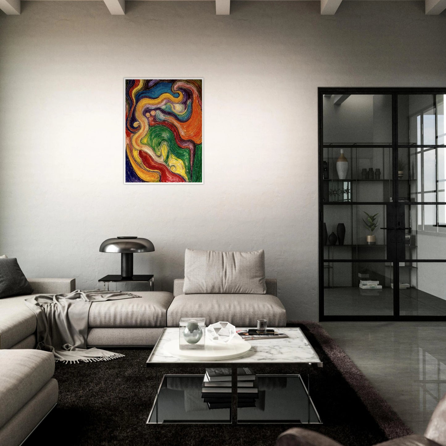 Lively spiral strokes in red, green, yellow, and blue twist and merge, forming a textured, flowing visual dialogue.