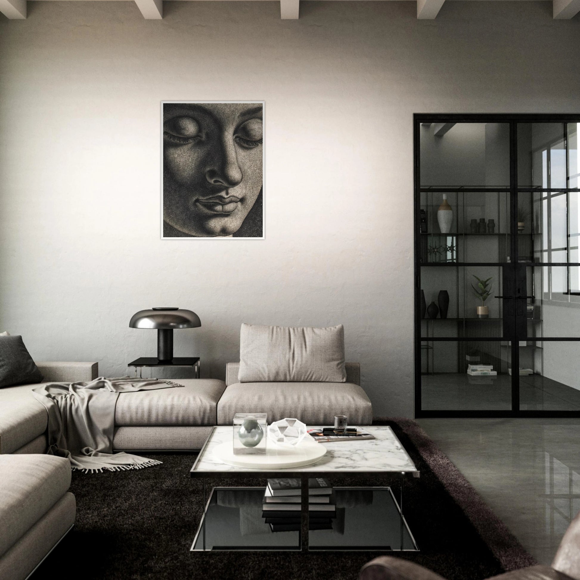 A contemplative monochrome portrait with lowered eyes and soft shadows evokes serenity, introspection, and timeless spiritual calm.