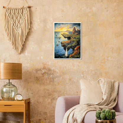 A dreamlike coastal cliff spills into tranquil blue waters beneath a glowing sky, with rocky peaks and autumn trees.